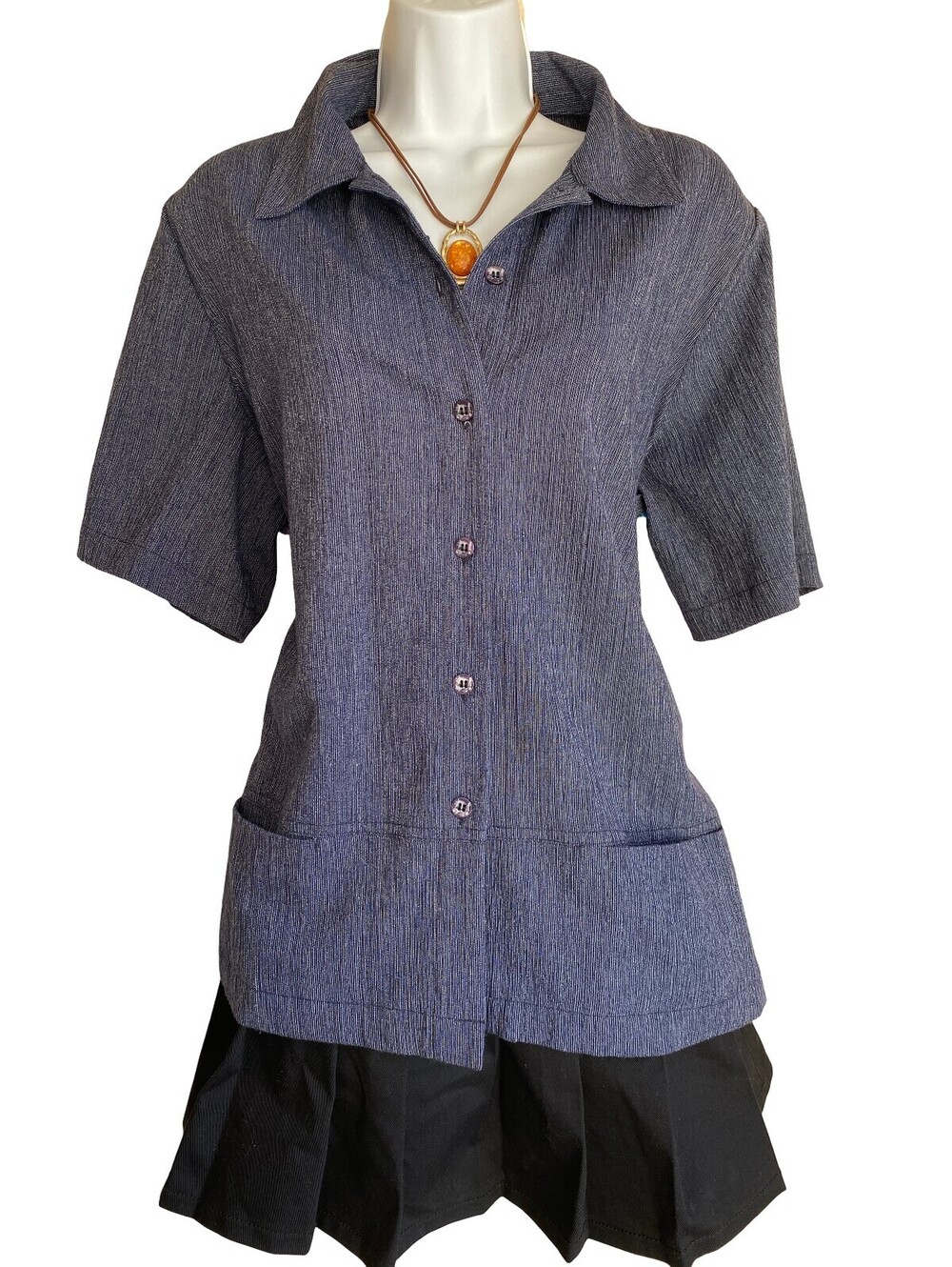 Vintage Allison Daley Plus 16 Blue Short Sleeve Button Up Tunic Blouse Boho Goth